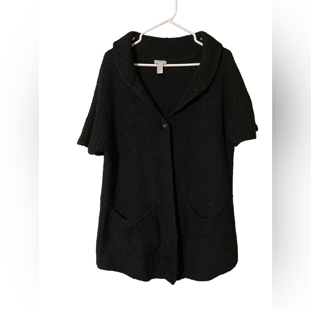 Chico's Open Front Cardigan Sweater Womens Size 1 Medium Black Chunky Wool Blend